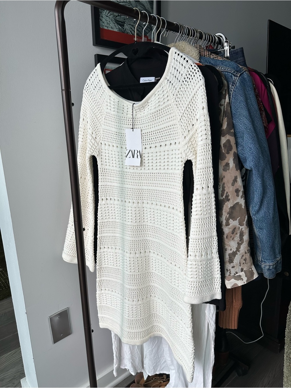 ZARA Cream Crochet Knit Scoop-Neck Sweater Dress